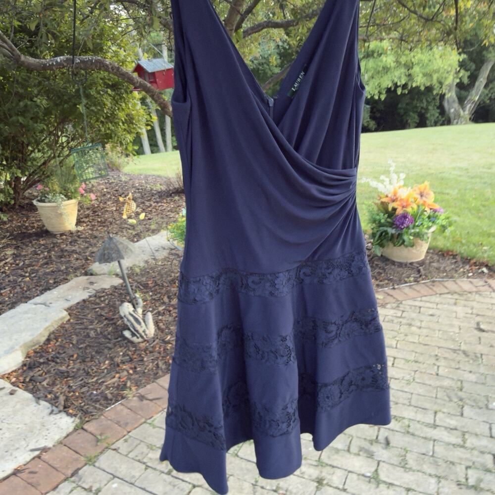 Ralph Lauren Navy Blue Sleeveless Wrap Dress Lace Trim Fit & Flare Size 10 (206)